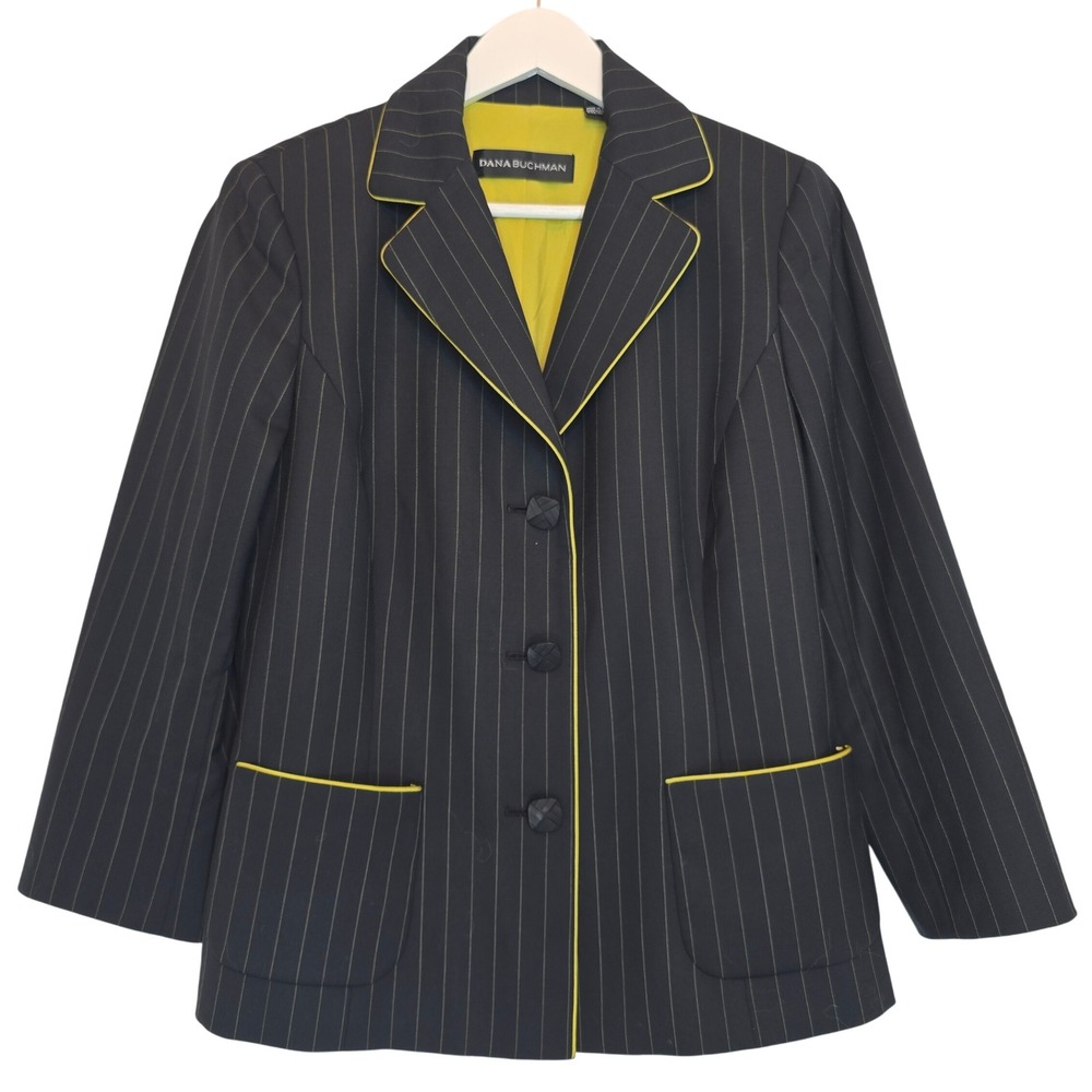 VTG DANA BUCHMAN Blazer Wool Black Pinstripe Women Sz 6 Yellow Trim Classic Y2K